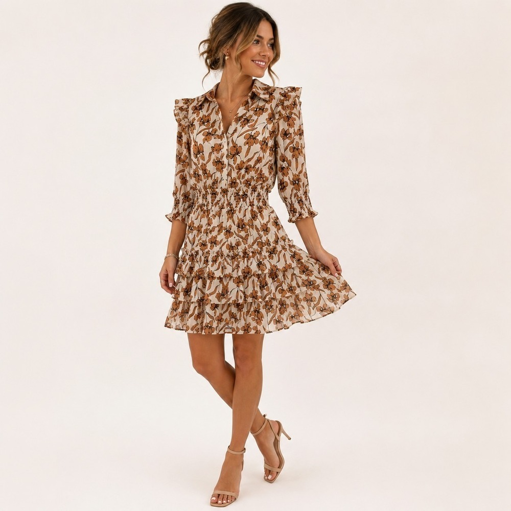 The Shirt Rochelle Behrens Mini Dress XS Brown Floral Ruffled Tiered Smocked New